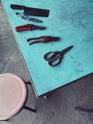 A variety of tools are placed on a light blue table, including a large cleaver, a pair of scissors, and several types of pruning shears. Nearby, a round beige stool stands on a textured concrete floor.