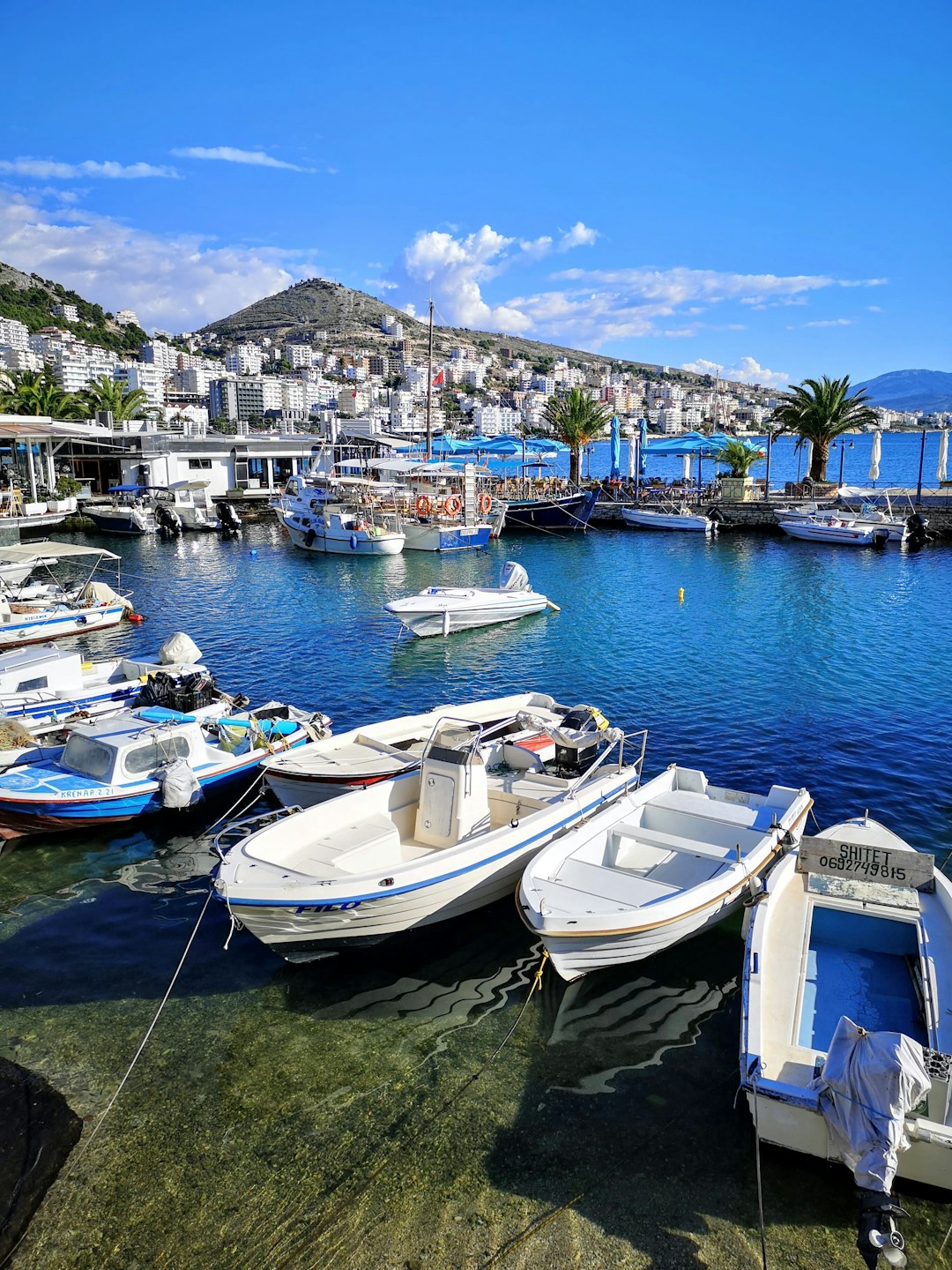 Saranda, Albania - Seafront view over Saranda, Albania, with hotels above the Ionian coast