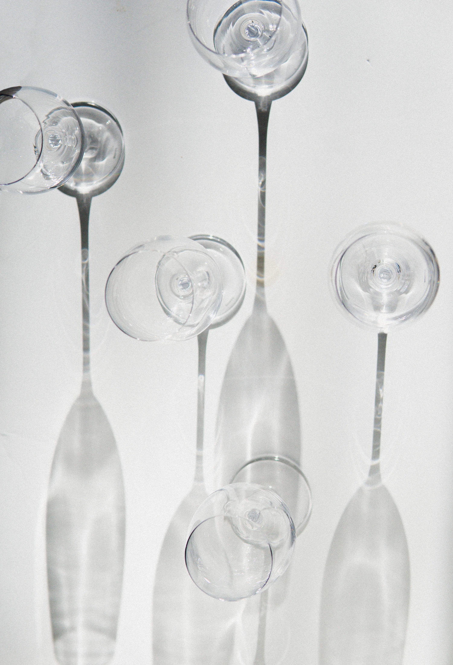 Stemmed glasses from above, their long shadows stretched across white paper
