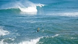 A group of surfers is scattered across a vast ocean, with powerful waves rolling in. Two surfers are paddling on their boards in the foreground, moving towards a large, cresting wave. The scene is bathed in bright, natural light, highlighting the vibrant blue and turquoise colors of the water.