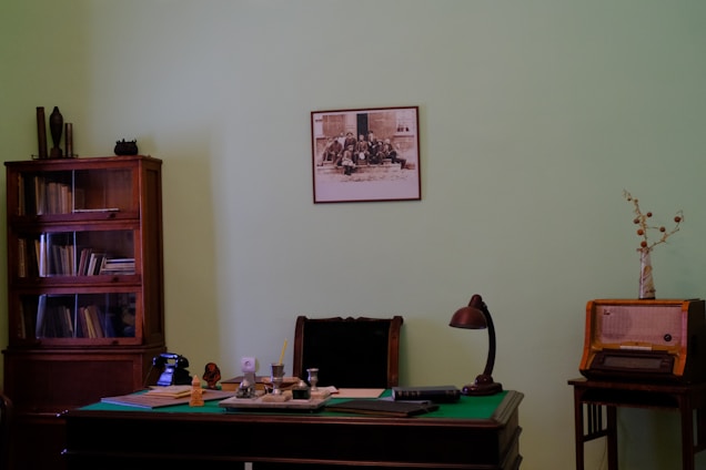 A professional law office setting with legal books and a desk.