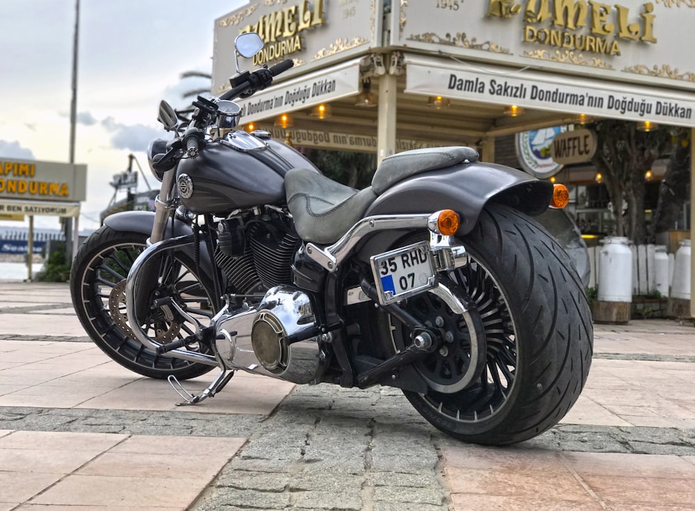 black and silver cruiser motorcycle