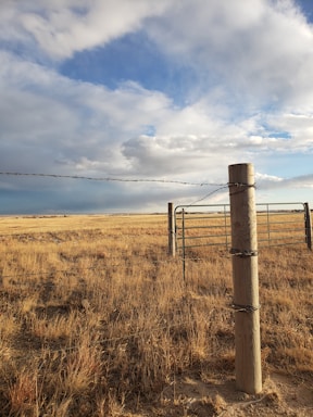A vast, dry grassland stretches out under a sky filled with a mix of clouds. A wooden post with barbed wire is prominently featured in the foreground, marking a boundary along the landscape. In the background, a metal gate is visible, slightly open, adding to the sense of emptiness and openness of the prairie.