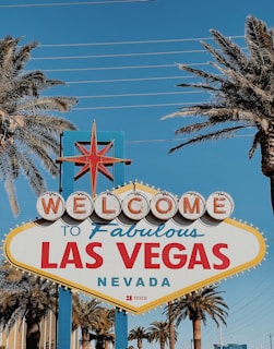 A retro-style welcome sign with the text 'Welcome to Fabulous Las Vegas, Nevada' is surrounded by tall palm trees against a clear blue sky.