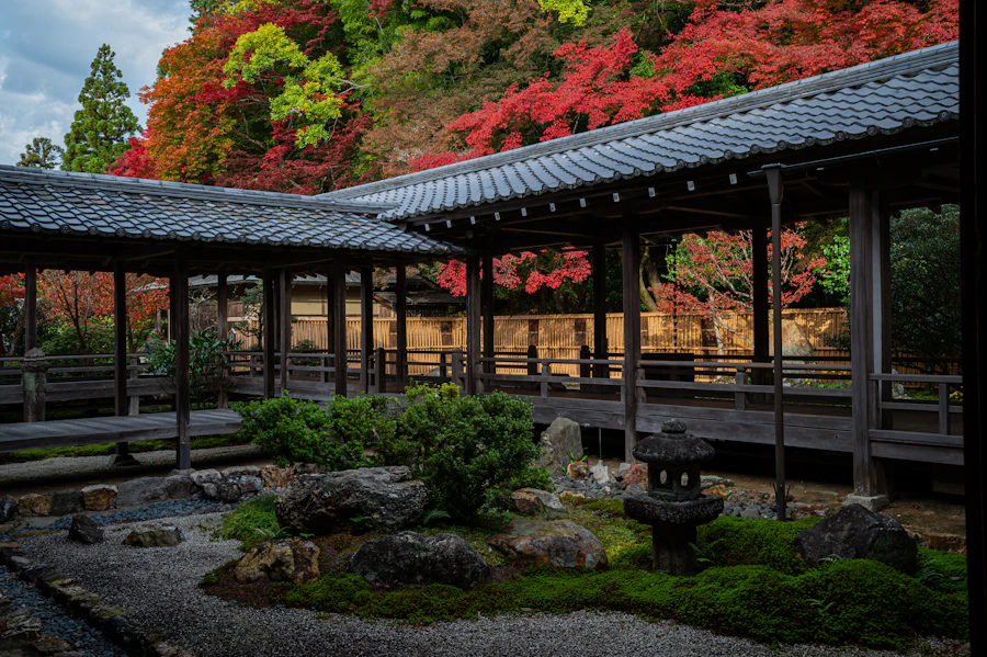 東屋と木々に包まれた落ち着いた庭の風景