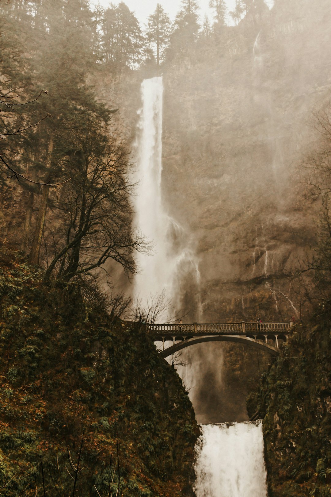 brown wooden bridge over water falls