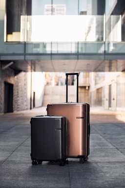 Two suitcases are placed side by side on a paved walkway in an urban setting. The larger suitcase is metallic brown and the smaller one is black. The background features modern architectural elements with a glass bridge and buildings.