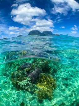 The photograph captures a split view of a vibrant underwater coral reef and the landscape above water. Below the waterline, colorful corals and marine life are visible in clear turquoise waters. Above the surface, a small island or coastal area with mountains under a bright blue sky covered with scattered white clouds is seen.