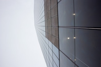 A skyscraper with a grid of reflective glass panels stretching upwards into a cloudy sky, creating a sense of height and modernity.