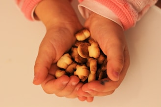 A pair of small hands gently holding a handful of small, round cookies. The hands are wearing pink and white sleeves, and there is a soft focus background.