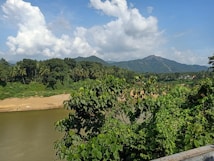 A picturesque landscape features lush green trees and foliage in the foreground, a calm river flowing through the scene, and distant mountains under a partly cloudy sky. The area appears serene and untouched, promoting a sense of tranquility.
