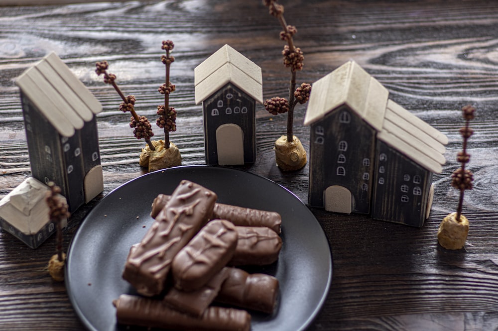 chocolate bar on black plate