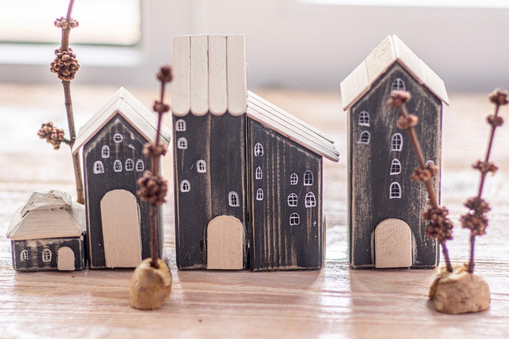 black and white wooden house miniature