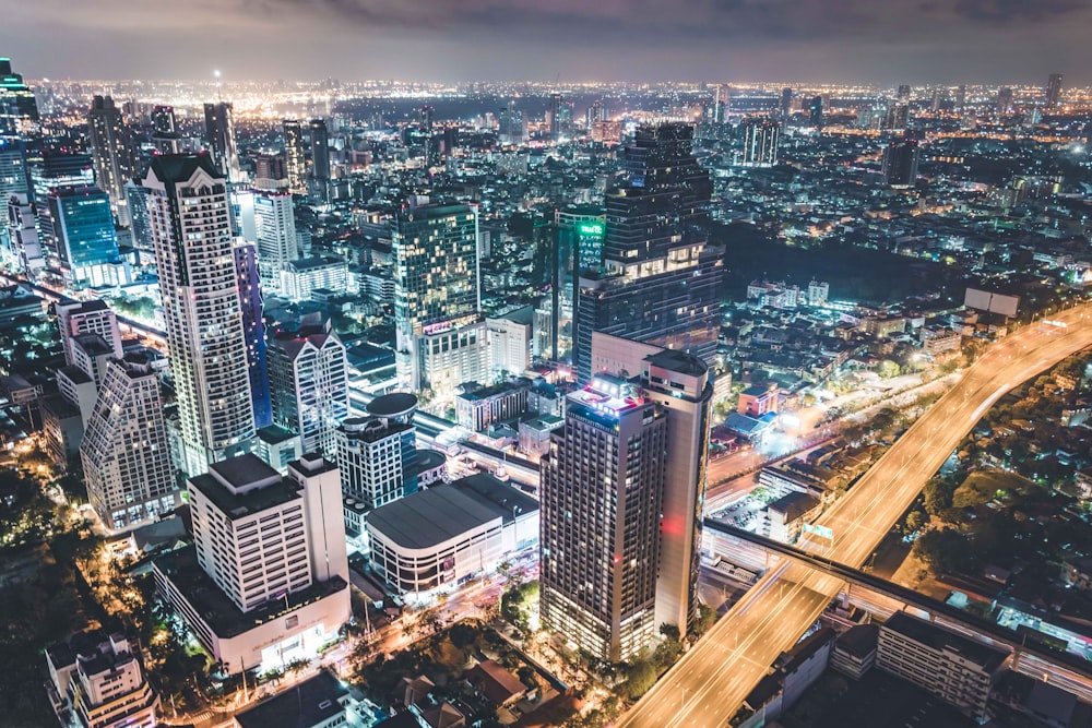 aerial view of city buildings during night time