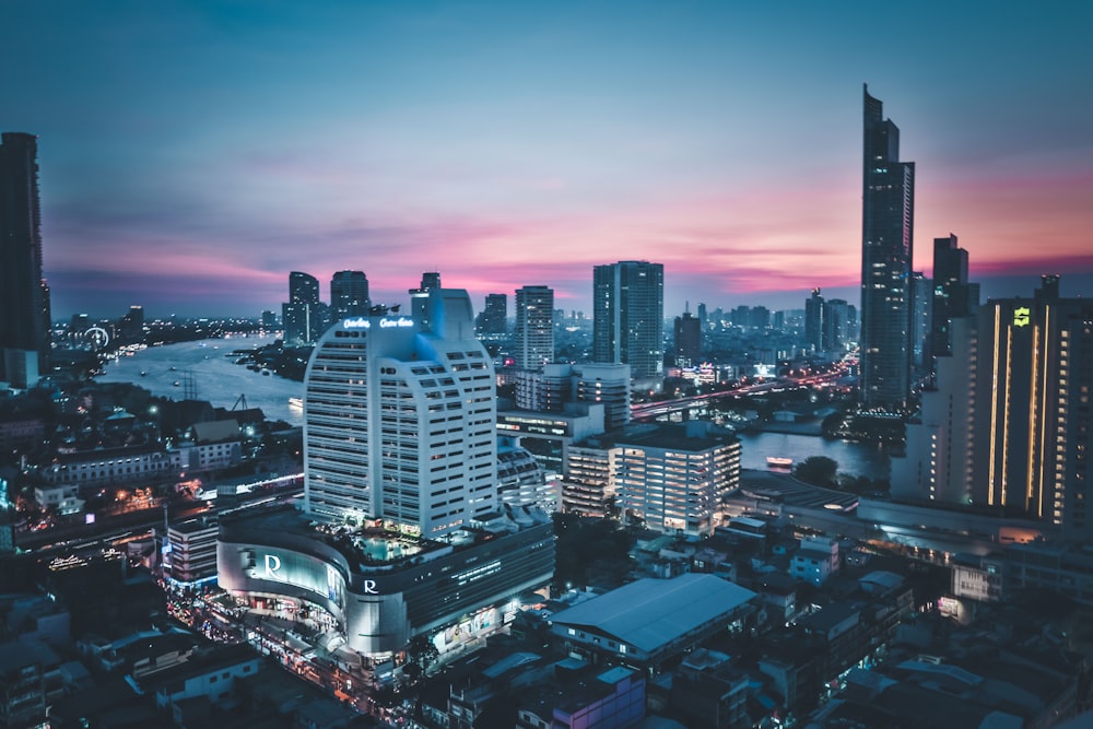 city skyline during night time