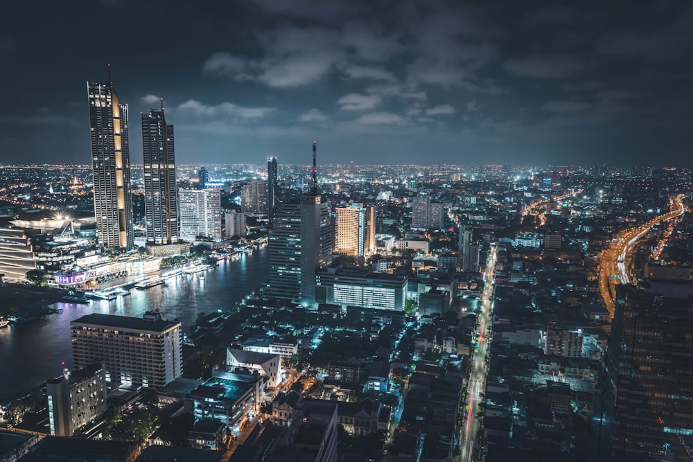 city skyline during night time