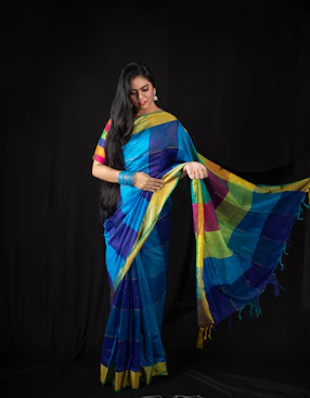 woman in blue yellow and purple dress