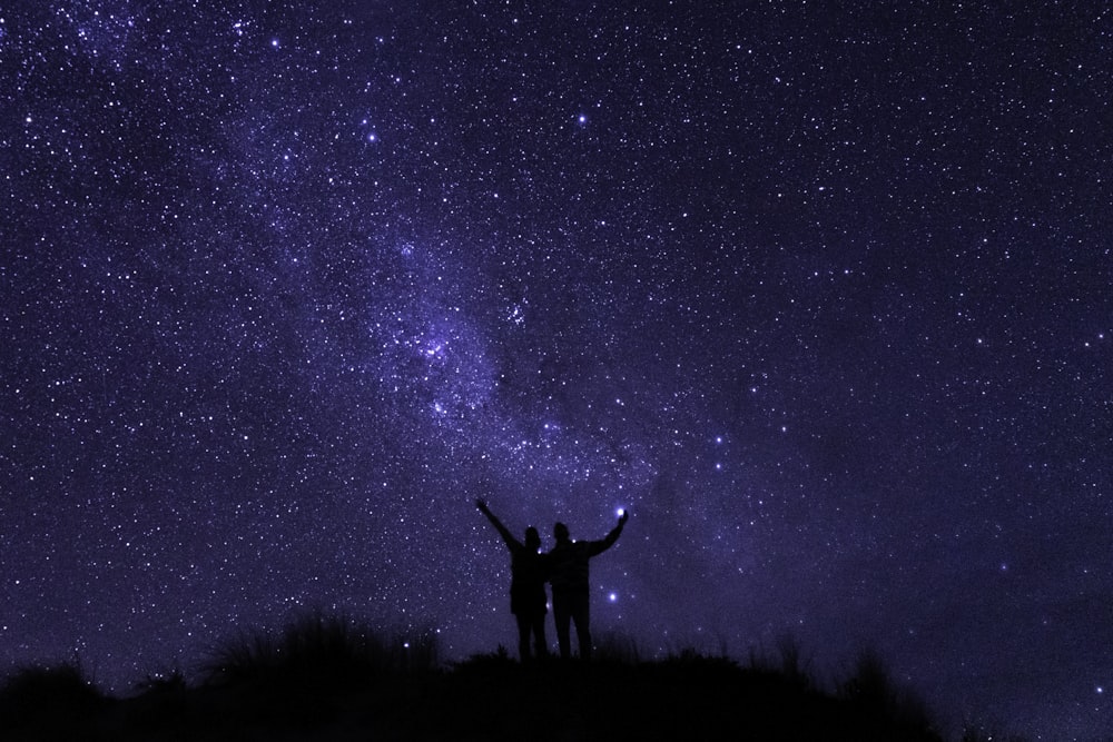 silhouette of man standing on grass field under starry night