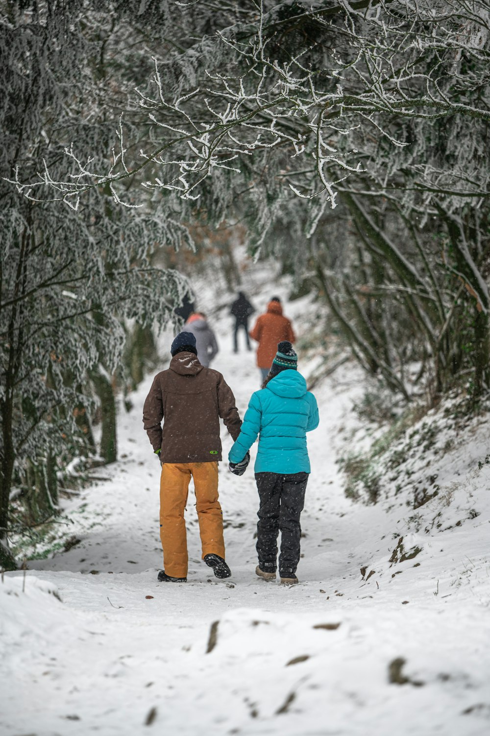 Mann in blauer Jacke und brauner Hose auf schneebedecktem Boden