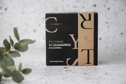 A box labeled 'Elixir Immuno Acquamarina' featuring a sleek, modern design with contrasting black and beige colors. The text includes details about the content, highlighting '10 pyramidal filters' and 'Net WT 25g'. The packaging also includes branding logo and text. A eucalyptus branch is positioned on the left, adding a natural element, set against a textured, speckled background.
