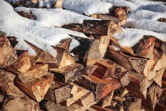 A pile of cut firewood stacked neatly outdoors, partially covered by a layer of fresh, white snow. The wood shows a range of natural tones, with visible bark and exposed raw surfaces.