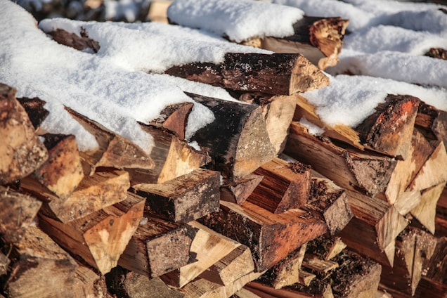 A pile of cut firewood stacked neatly outdoors, partially covered by a layer of fresh, white snow. The wood shows a range of natural tones, with visible bark and exposed raw surfaces.