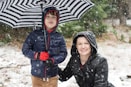 girl in black and white polka dot hoodie holding umbrella