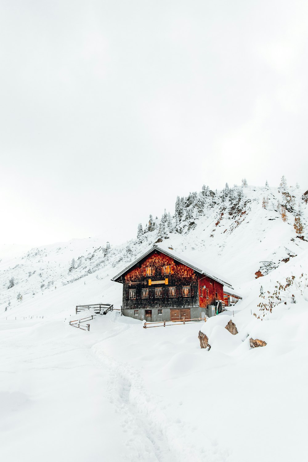 brown wooden house on snow covered ground