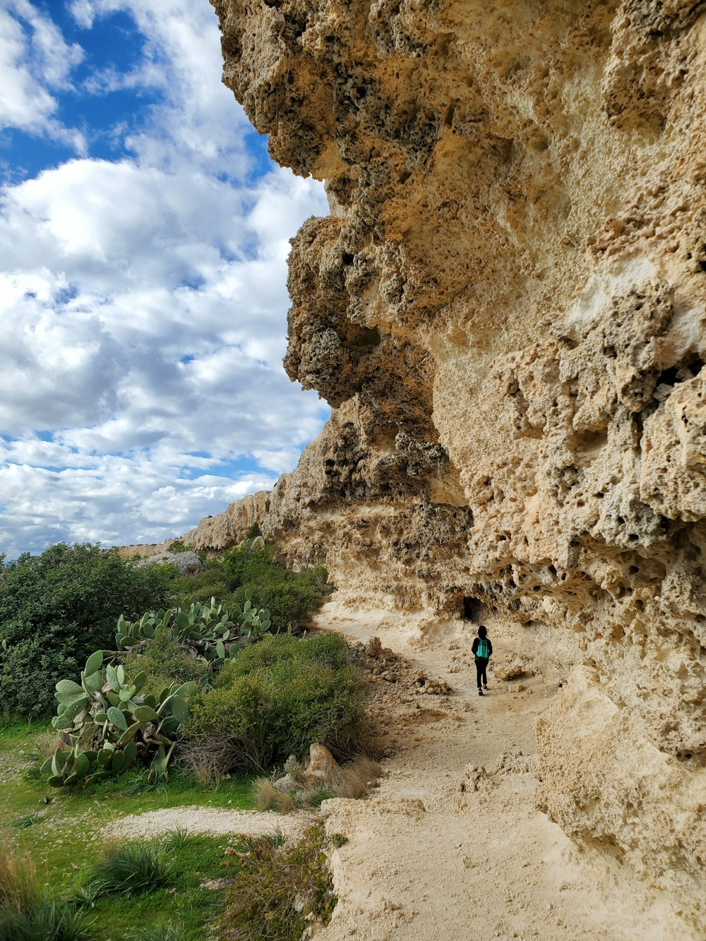 person in blue jacket walking on brown dirt road between brown rock formation under blue and