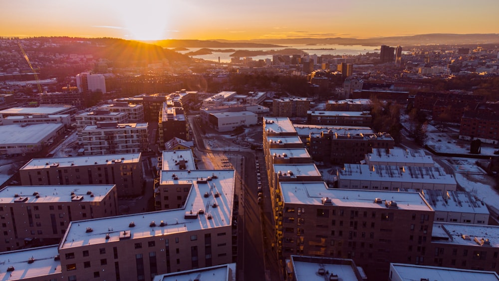 aerial view of city during sunset