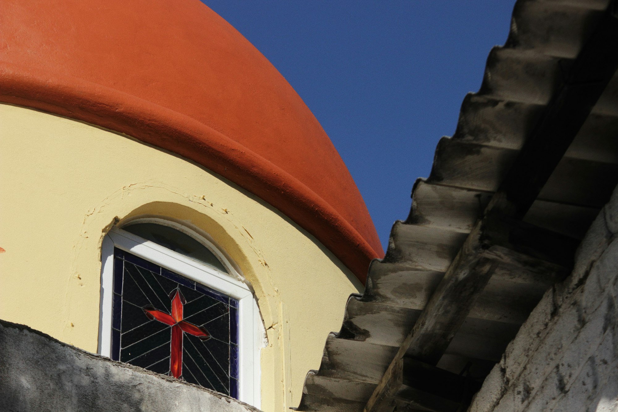 Church, Mexico, cross, red, blue, architecture, overlapping 