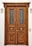 A large wooden double door with intricate carvings and metal grilles in the upper panels. The door features two ornate circular handles and is framed by a plain white wall. Two wall-mounted outdoor lights are placed symmetrically on either side of the door.