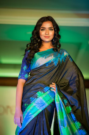 woman in blue and black dress