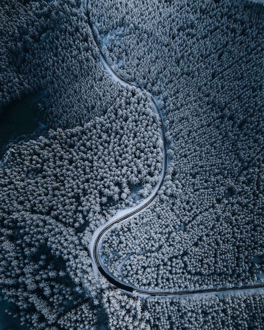 aerial view of road in the middle of snow covered ground