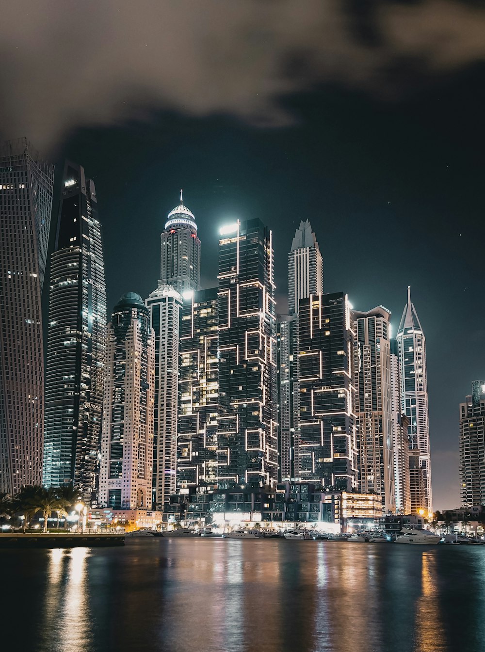 city skyline during night time