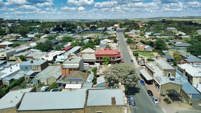 An aerial shot of a small business district with shops and cafes lining the streets.