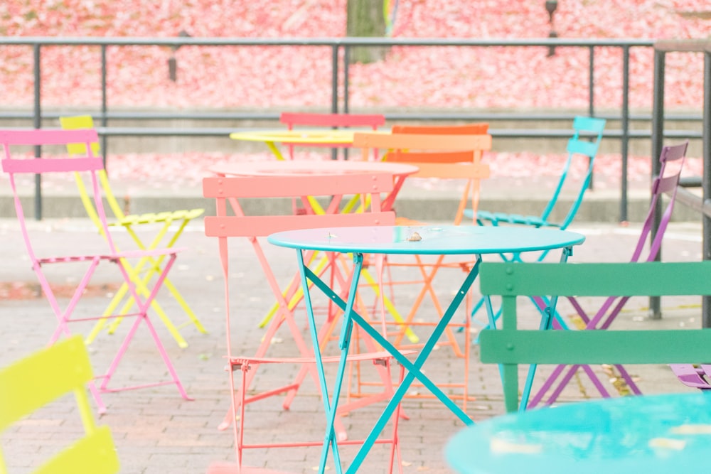 blue and red metal chairs