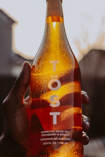 A hand holds a bottle of TÖST, a non-alcoholic sparkling white tea with cranberry and ginger. The bottle is illuminated by warm sunlight, highlighting its golden liquid against a softly blurred background.