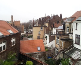 A residential area with closely packed buildings featuring various architectural styles. The rooftops are predominantly covered with red and gray tiles, and some have solar panels. Several chimneys and brick structures are visible, along with bare winter trees and a cloudy sky.