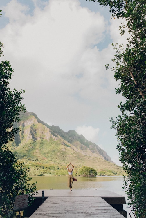 person standing on green grass field near body of water during daytime