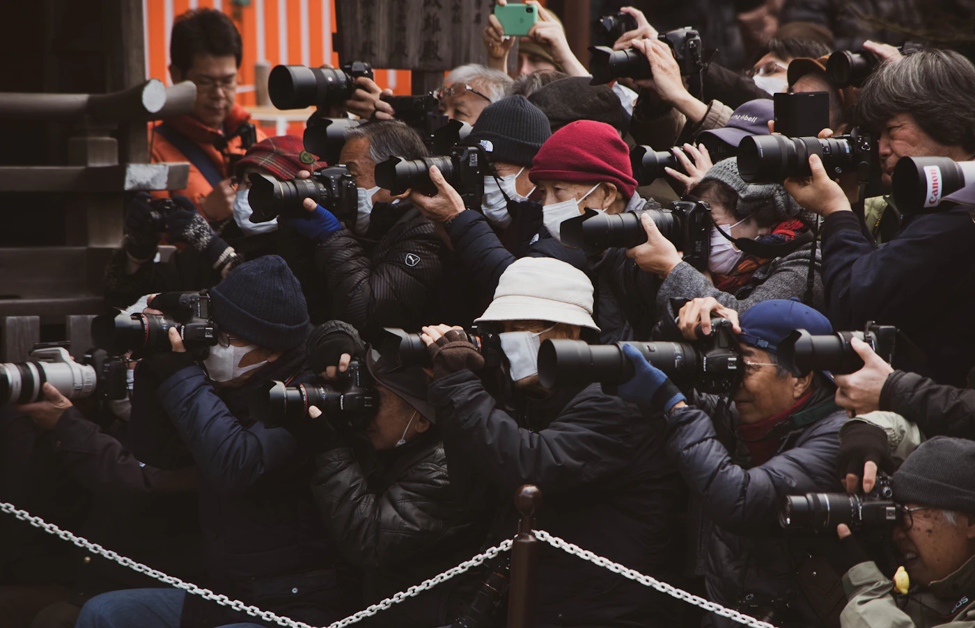 Photographers with their cameras raised