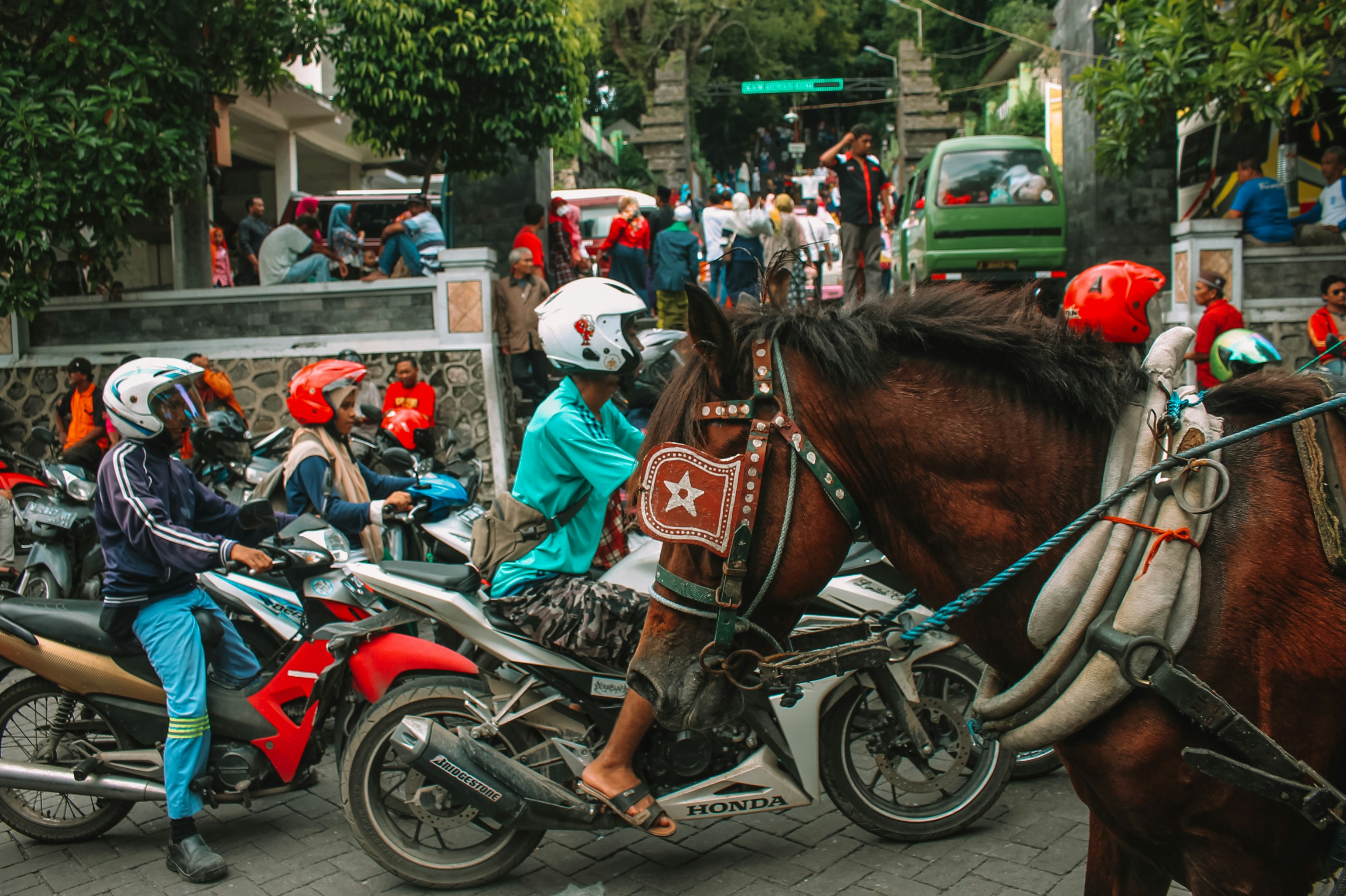 orang menunggang kuda di jalan di siang hari