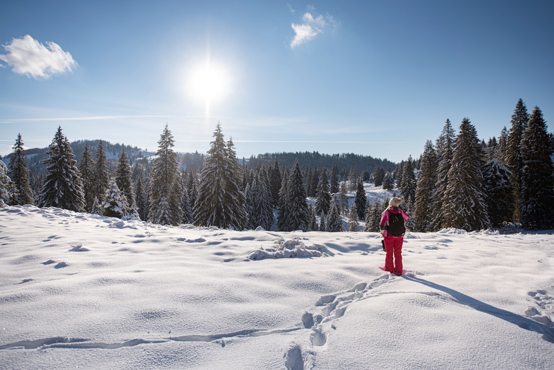 person in red jacket and black pants standing on snow covered ground during daytime