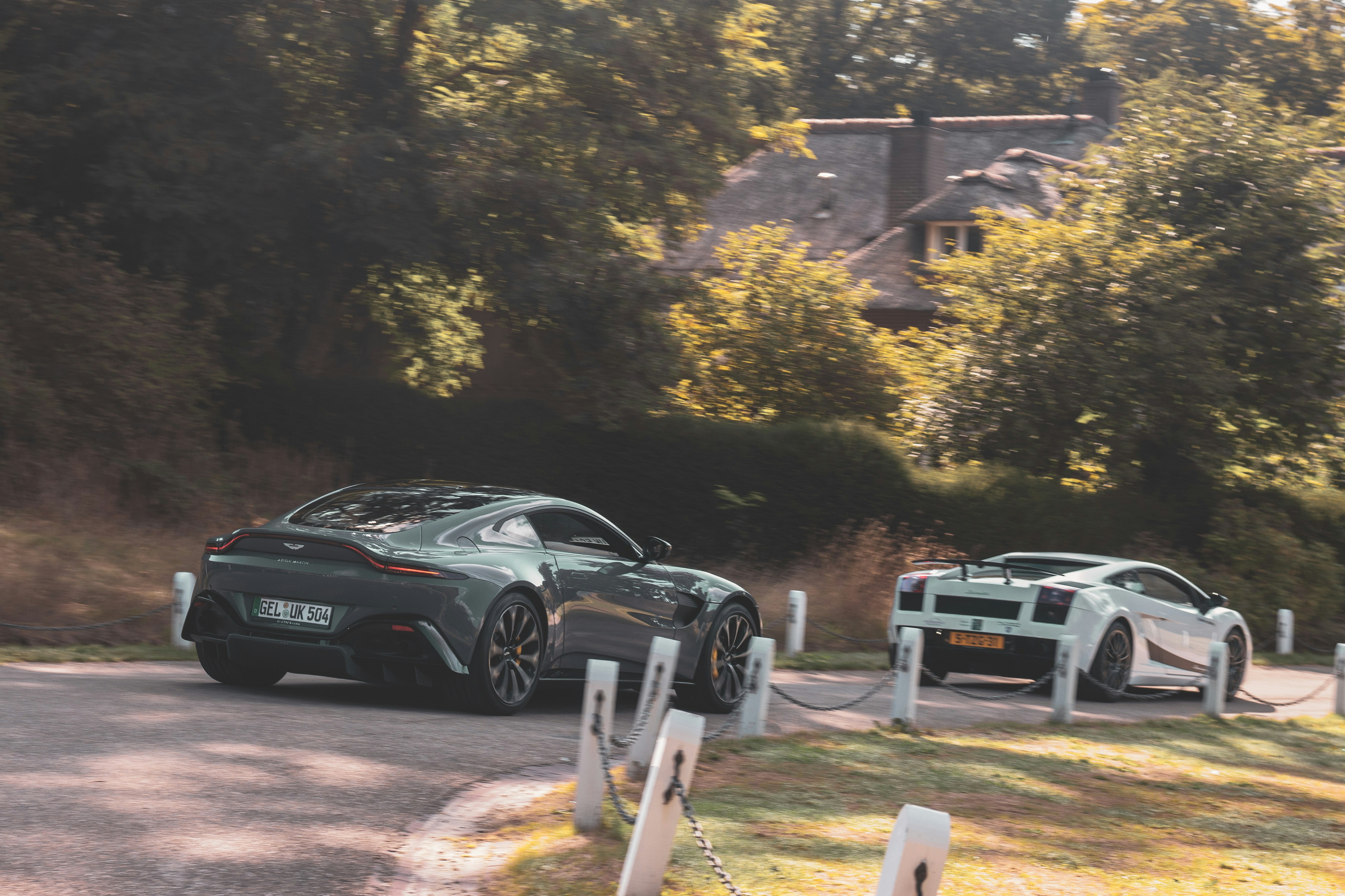 Astond Martin v8 Vantage going after a Lamborghini Gallardo Superleggera.