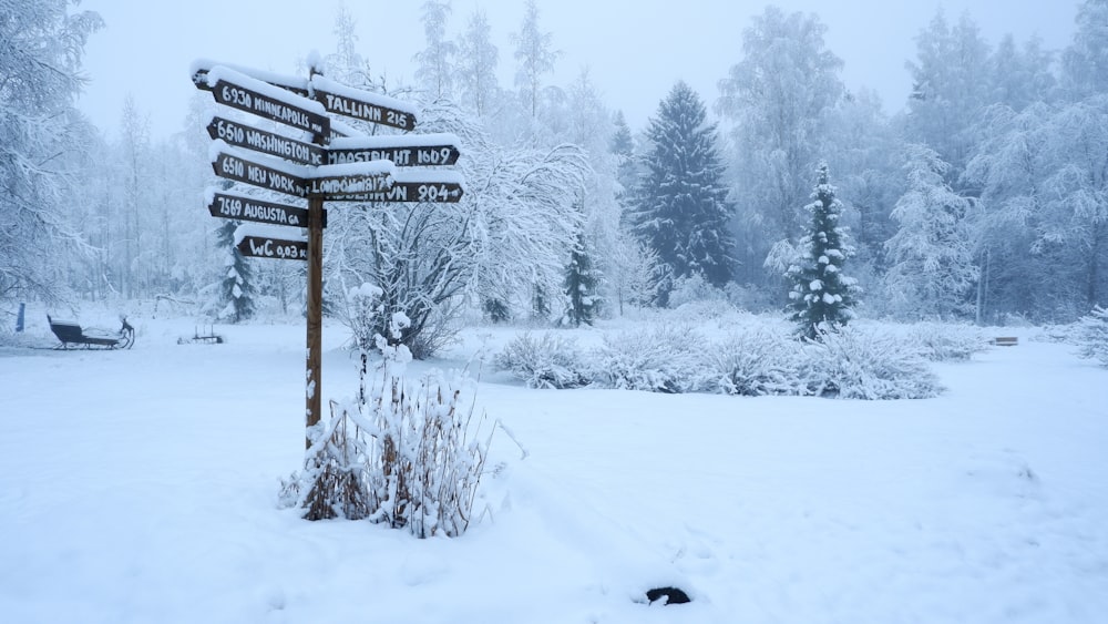 brown wooden signage on snow covered ground