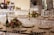 A beautifully arranged banquet hall with elegantly set tables featuring floral centerpieces and champagne bottles. The tables are adorned with white plates and neatly folded napkins. The setting appears ready for a formal event or celebration.