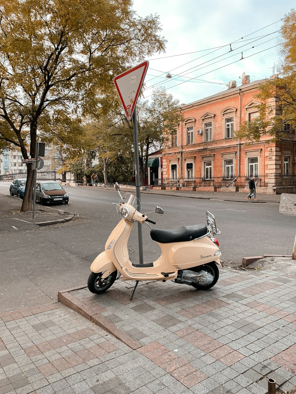 beige motor scooter parked near bare trees during daytime