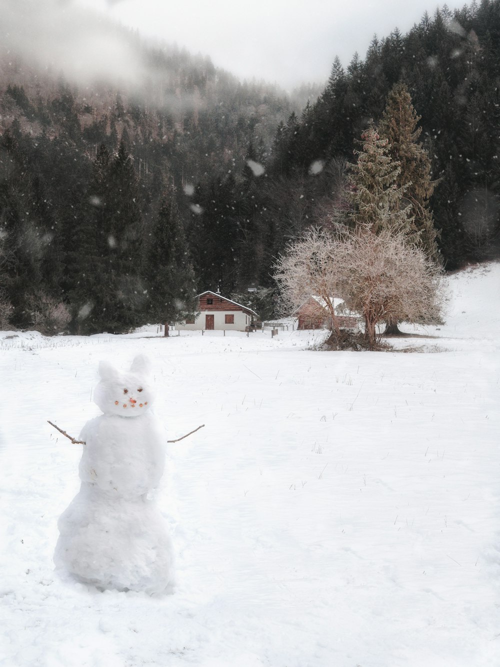 boneco de neve branco no chão coberto de neve durante o dia