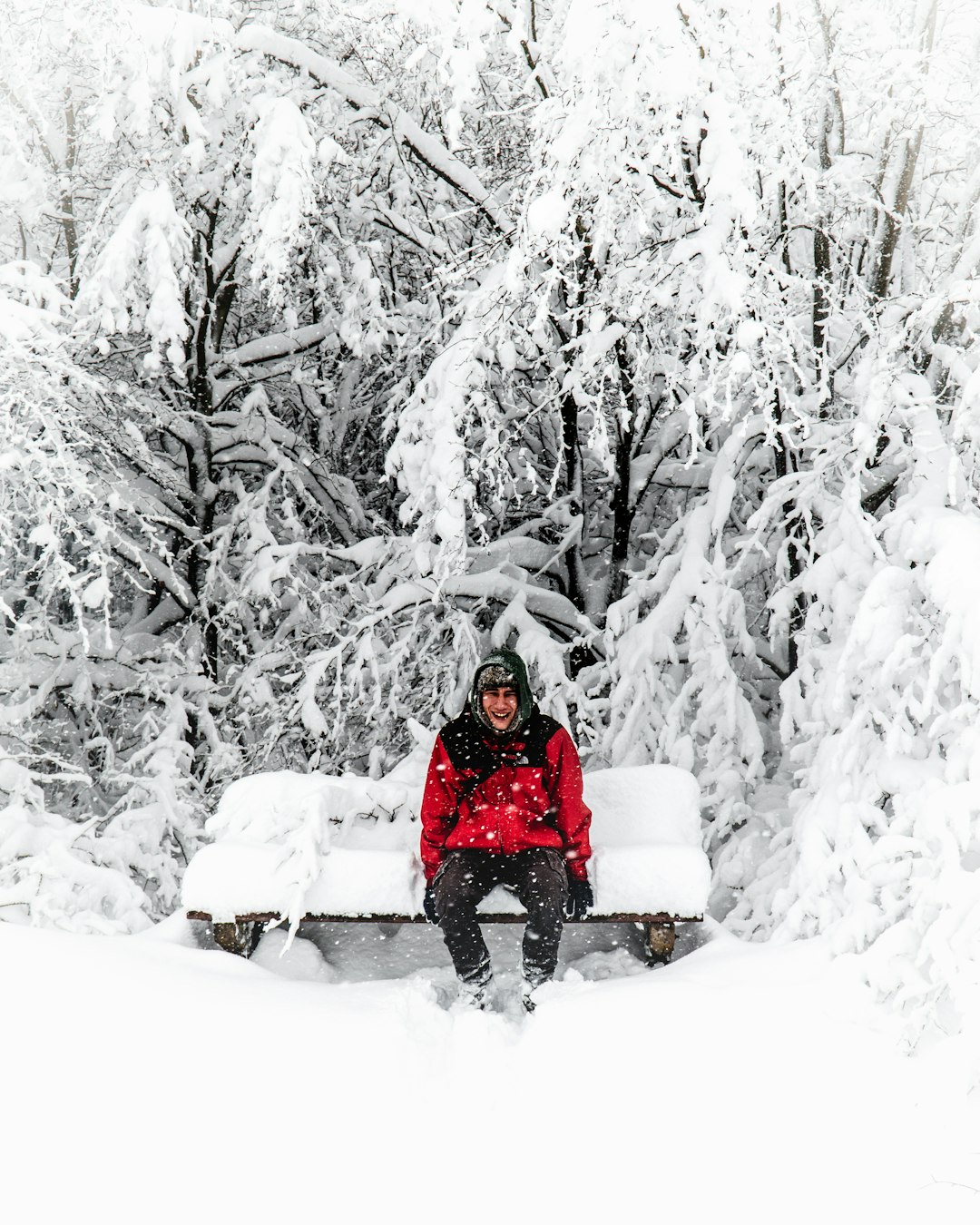 person in red jacket sitting on snow covered ground during daytime