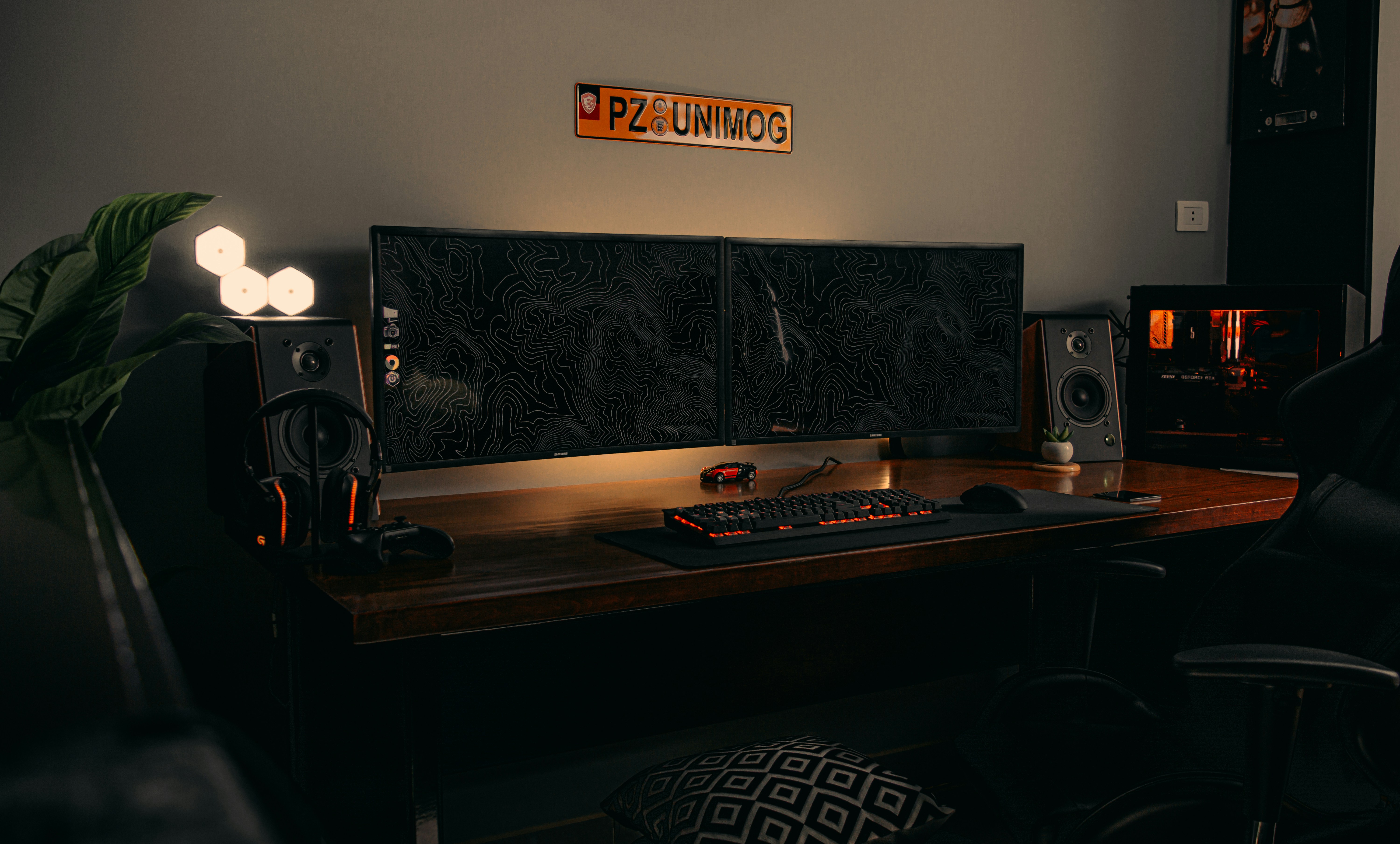 modern dual monitor desktop workspace ambient lighting